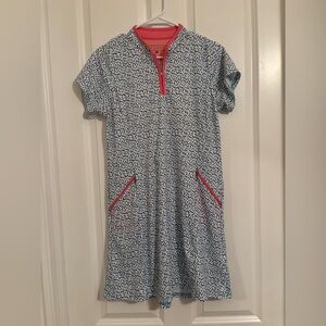 Bermuda Sands - Blue and White Short Sleeve Dress with Pink Accents. Size M